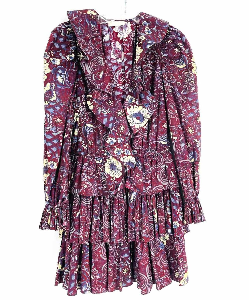 Ulla Johnson Size 10 Burgundy/Cream Floral Tiered Designer Dress